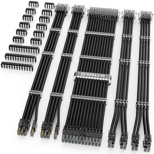 Sirlyr PSU Cable Extension Kit Customed PC Power Supply Extend Mod 16AWG with 24 Pin ATX × 1 8 Pin EPS × 2 Gold-Plated 8Pin Pcie × 2,Soft Nylon Braided Black