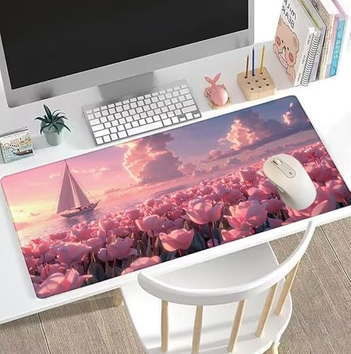 Tapis de Souris Rose Tapis de Souris Gamer XXL 1400x700x3mm Gaming Accessoire, Tapis de Souris Voilier Tapis Souris Résistant à l'eau avec Base en Caoutchouc antidérapant, Deco Bureau Travail W5-710