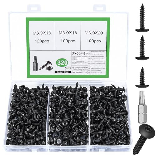320 viti autofilettanti, set di viti autofilettanti, M3,9 Torx, viti per legno nere Torx, viti a testa piatta, viti a testa bombata per mobili in legno, con punta (M3,9)
