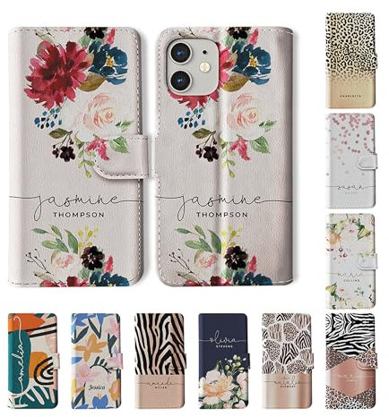 Tirita Personalised Wallet Phone Case for iPhone SE 2020/2022 With Card Holder – Leather Flip Case or Cover With Custom Name – Cute Personalised Gift for Women [08. White Floral English Roses]