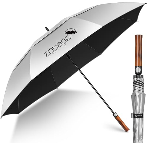 ZOMAKE Ombrello UV, Sun Umbrella Golf Anti UV per Sole UPF50+, 157cm Ombrelli Pioggia Grande Antivento Automatico per Donna Uomo Manico in Legno (Argento Nero)