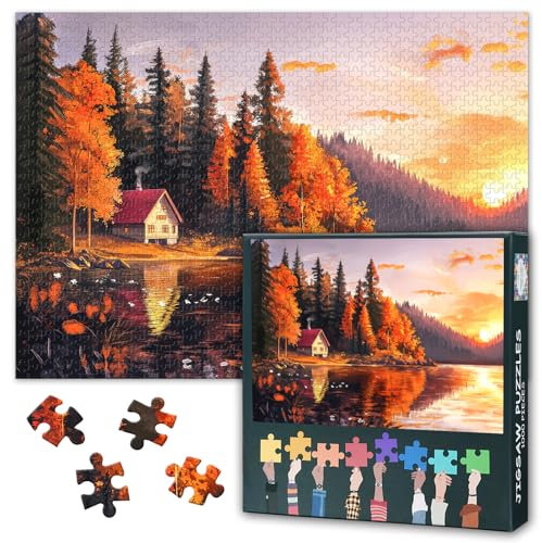 1000 Pieces Jigsaw Puzzles Landscape Jigsaw Puzzle Lake Forest Cabins 1000 Piece Puzzles Sunset Rural Landscape Painting Finished Size 50x70cm