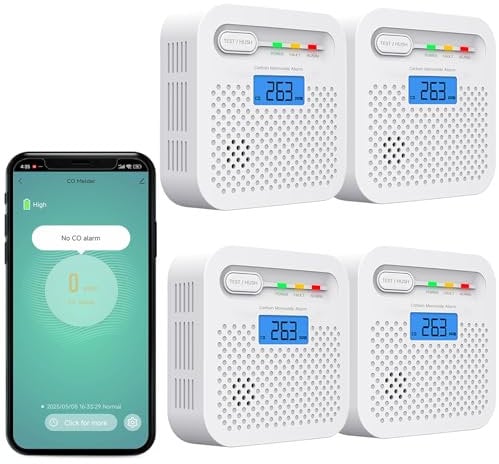 RISOON Kohlenmonoxid Melder WLAN, 10 Jahre Batterie CO Melder mit APP, EN50291 Norm, LCD Anzeige, 85 dB akustischer Alarm, Tragbarer CO-Detektor für Zuhause, Auto, Zelt, Fahrzeug (4er Pack)