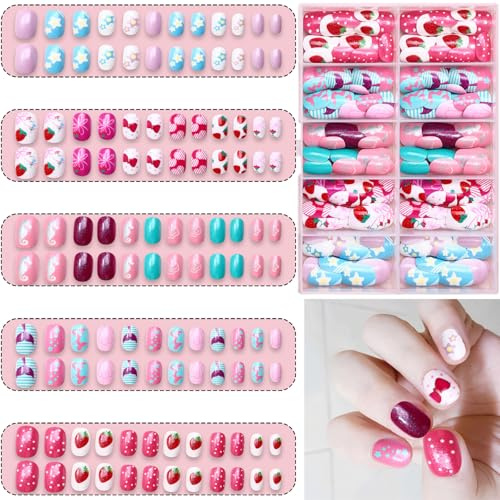 LHLZNB Store 120 Pcs Kids False Nails Press On - Children Pre-glue Short Acrylic Nail Tips with Full Cover Design, Butterfly Sparkle Mermaid Color DIY Little Girl Gift (White strawberry, Short)