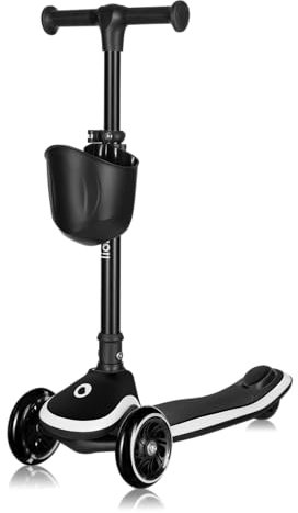 LIONELO MEY Kinder-Balance-Roller ab 3 Jahren bis 50 kg, dreirädriger Kinder-Roller mit Höhenverstellung, rutschfestes beleuchtetes Trittbrett und LED-Räder, Korb