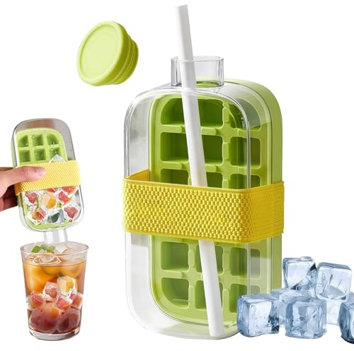 FloralGrace Botella de Cubos de Hielo, 800 ml 2-en-1 Botella de Agua sin Contacto con Tapón y Cubeta, Presión Ligera para Liberar Pastilla de Cubos de Hielo Vertical