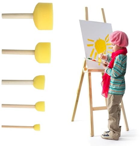5 Pezzi Rotondi Spugne Pennelli, Spugne per Dipingere con Manico, pPennello Spugna, Set Pittura Bambini per Graffiti, Pittura, Bricolage, Giallo, 5 Taglie