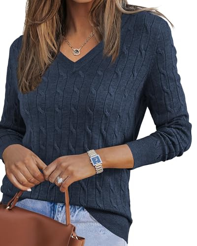 Arach&Cloz Jumpers for Women Fall Winter V Neck Long Sleeve Cable Tops Casual Outfits Wool Sweater (Dark Blue, L)