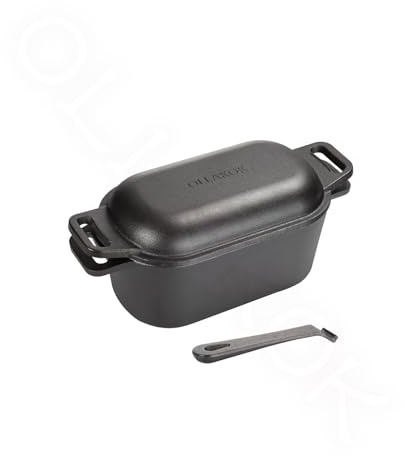OLLAKOK 2-in-1 Pre-Seasoned Cast Iron Dutch Oven Pot with Lid as Skillet, Grill Pan, with Lid Lever, Dual Loop Handles, Oval Heavy Dutch Oven for Bread Baking, Frying, Camping, BBQ, 3.6 QT Black