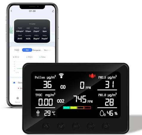 CF-30 Monitor de calidad del aire, para interiores para polen, CO2, PM2.5, PM1.0, TVOC, temperatura, humedad, contaminación del aire con pantalla LCD grande, aplicación para configuración e historial
