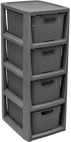 EDANTI Schubladenschrank Badezimmerschrank Regal in Rattan Design Badschrank Beistellschrank Schubladen Kommode Kunststoff Schubladenbox (Anthrazit, 65 cm mit 4 Schubladen)