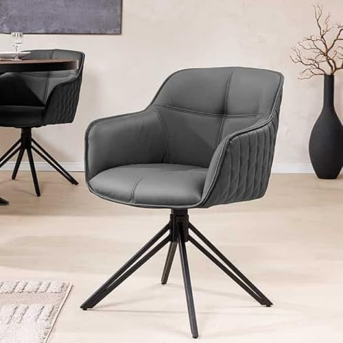 LEBENSwohnART Eleganter Drehstuhl HORA Echtleder grau Metallgestell schwarz mit Armlehne Ziersteppung