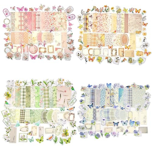 400 Stück Scrapbook Stickers & Vintage Papier Set – Blumen Scrapbooking Aufkleber & Journaling Sticker Zubehör für DIY Scrapbook, Fotoalbum Sticker, Bullet Journal, Gästebuch, Collage & Planer