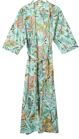 INDACORIFY Langer Kimono-Bademantel | Boho-Kimono mit Blumenmuster | Bademantel in Übergröße aus weichem Baumwollstoff | Loungewear-Bademantel für Damen