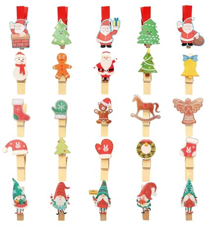 50er Set Mini Holzklammern Weihnachten, 5x10 Dekorative Wäscheklammern in 5 Designs für Weihnachtsdeko, Adventskalender, Fotos und zum Basteln, Kleine Klammern Weihnachten 3,5cm