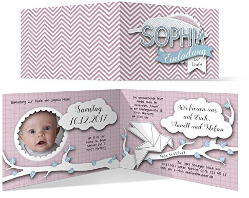 Tochter Taufe Einladungskarten personalisiert (30 Stück) - Origami Feder in Rosa - Taufeinladung Taufkarten, DIN A6 Klappkarte, eigenes Foto und Text