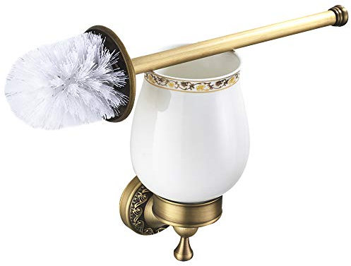 WOMAO Porte-Balai de Toilette Rétro, Brosses WC et Support en Plastique Porte-Toilette Céramique, Accessoires de Salle de Bain en Laiton, Laiton Antique Fini