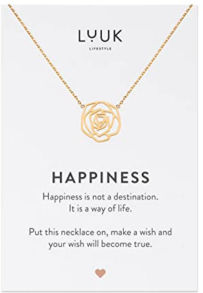 LUUK LIFESTYLE Collier en acier inoxydable avec pendentif Fleur de rose et carte cadeau HAPPINESS, style chic et élégant, accessoire de mode, or