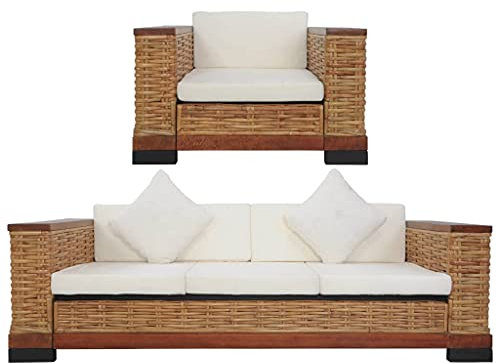vidaXL Sofagarnitur 2-TLG. mit Auflagen Sofa Sessel Couch Loungesofa Sitzmöbel Wohnzimmersofa Rattansofa Couchgarnitur Designsofa Braun Natur Rattan