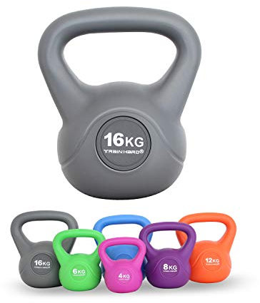Train Hard Kettlebell-16 KG- Grau（Die Kettlebell ist in 6 Größen und Farben erhältlich，4kg/6kg/8kg/10kg/12kg/16kg Studio-Qualität für Krafttraining Gymnastik und Heimtraining ）