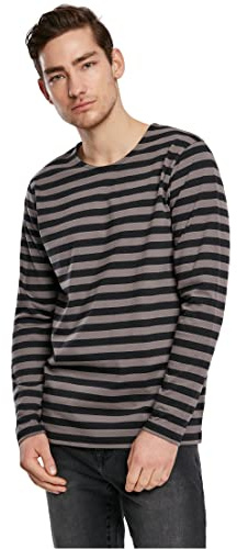 Urban Classics Herren Regular Stripe LS – Langarm T-Shirt im Regular Fit aus Baumwolle, gestreiftes Basic Oberteil mit Rundhalsausschnitt für Freizeit, Alltag & entspannte Looks,Asphalt/Black,3XL