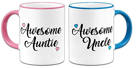 Pair of Awesome Auntie & Uncle Lovely (Heart) Novelty Gift Mugs - Pink & Blue Handle/Rim