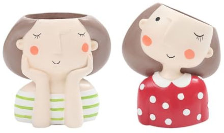 Cabilock Cute Girl Flower Planter 2pcs Head Planter Creative Succulent Pots Plant Container Desk Mini Ornament (Dream Girl, Naughty Girl Style)