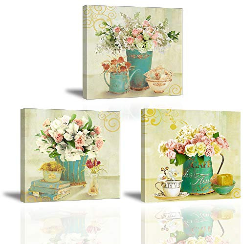 Piy Painting Leinwand Bilder, Rosen und Lilien, Blume Bilder, Gerahmt Kunstwerk Für Esszimmer Hause Moderne Dekoration, Fotobilder, 30x30cm, 3 Teilig