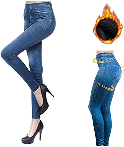 Aventy Thermal Fleece Lined Jeggings - Women's High Waist Thick Stretchy Ripped Skinny Legging Pants (Blue, L)