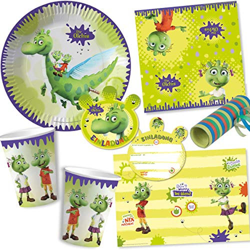 104-tlg. Party-Set * DIE OLCHIS * für Kindergeburtstag mit Teller + Becher + Servietten + Sticker + Einladungen + Tischsets + Luftschlangen + Luftballons | Olchi Kinder Geburtstag Deko