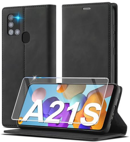 Ailicici für Samsung Galaxy A21s Leder Handyhülle Mit Schutzfolie, Kartenfach - Klappbar Flip Wallet 360 Stoßfeste Klapphülle