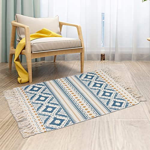 Boho Teppich klein 60 x 90 cm, Quadratisch Baumwollteppich Waschbar mit Quasten, Teppich Boho Style Schmal für Wohnzimmer Schlafzimmer Eingangstür, Baumwollteppich Waschbar aus Baumwolle (Blau)