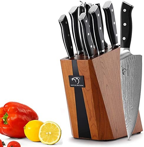 NANFANG Damascus Kitchen Knife Sets, Japanese Professional Kitchen Sharp Knife Set Damascus Knife Block Wood Set of Damascus Knives,Japanese Knife Set 67 Layers VG10 Damascus Steel (9 pcs)