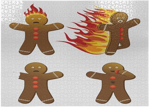 ABAKUHAUS Gingerbread Man Jigsaw Puzzle, Gingerbread Man in Humorous Positions Caught Eaten Art, Heirloom-Quality Fun Activity for Family Durable Cardboard, 1000 pcs, Caramel Yellow Red