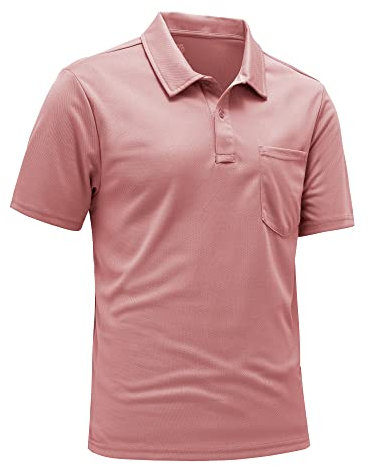 Rdruko Mens Polo Shirts Short Sleeve T-Shirts with Pocket Breathable Polyester Golf Polo Shirts Casual Work Wear Grey Pink XL