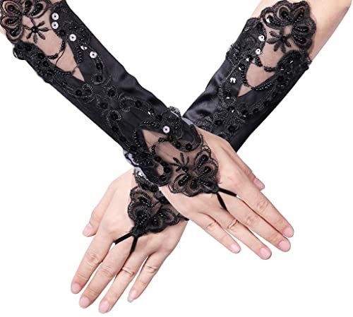 JKJF 1 Paar 1920s Satin Handschuhe Satin Spitzen Handschuhe Lange Fingerlose Spitzenhandschuhe Opera Fest Party Handschuhe Braut Hochzeit Handschuhe für Halloween Maskerade Motto Party - Schwarz