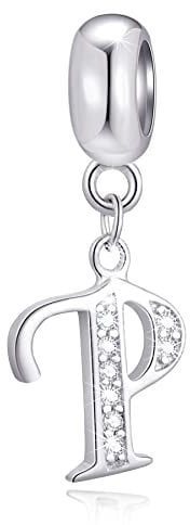 Letter P Charms Initial P Alphable Pendant Beads, 925 Sterling Silver Letra Charm Dangle with Clear CZ, fit Pandora Moments Bangle Bracelet, Gifts for Papa/Poppa/Parents
