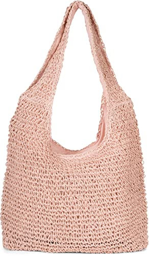 styleBREAKER Damen Papierstroh Beuteltasche mit langen Henkeln | sommerliche Flechttasche mit Reißverschluss | Strandtasche Schultertasche, Farbe:Altrose