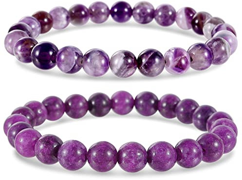 Farfume Bracelet En Pierre Naturelle - Bracelet Perles Naturelles Femme-Ensemble De Deux Bracelets Avec Accessoires Arbre De Vie Et Feuille(Mittel 18,5 cm Améthyste à (amour et bonheur))
