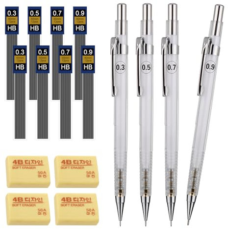 JIANTA Druckbleistift Set, Druckbleistift 0,5 0,7 0,3 0,9 mm, Minenbleistift mit 8 Dosen Bleistift Minen und 4 Radiergummis - 4er Set Druckbleistift Mechanical Pencil