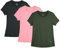 icyzone Women's Workout Running T-Shirt Short-Sleeve Crew Neck Athletic Gym Tops Sports Shirts, 3-Pack (L, Solid Black/Pale Pink/Dark Green)