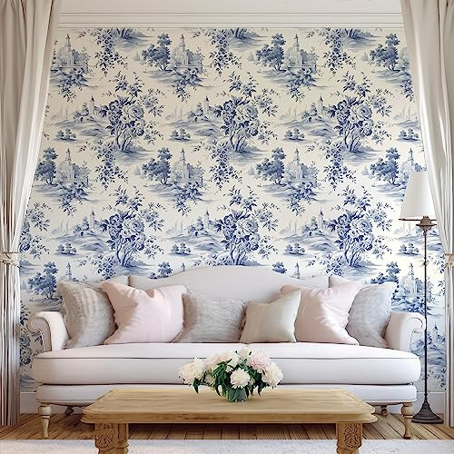 RollsRolla Chinoiserie Wallpaper Farmhouse Toile Wallpaper Peel and Stick Vintage Beige Neutral Blue and White Wallpaper for Accent Wall Bathroom Bedroom with Garden and Flowers