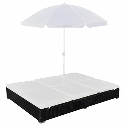 Camerina Outdoor-Loungebett mit Sonnenschirm Rattan Liege Outdoor Garten Lounge Tagesbett Outdoor Sonnenliege Rattan Outdoorbett Poly Rattan Schwarz
