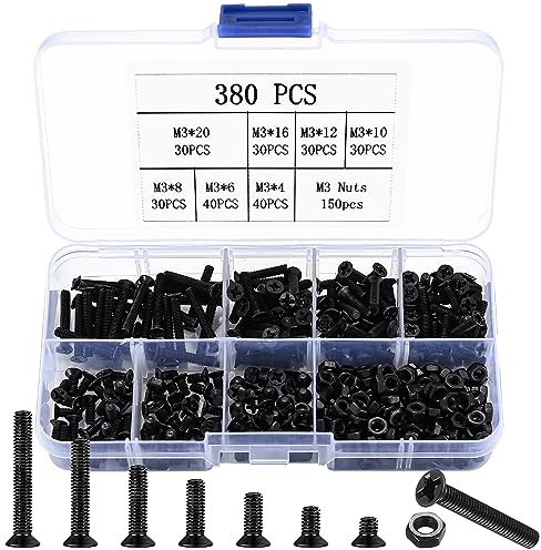 M3 Flat Head Machine Screws and Hex Nuts Kit, 380 Pcs Black Countersunk Head Phillips Screws Bolts Nuts Assortment Kit - M3 x 4mm/ 6mm/ 8mm/ 10mm/ 12mm/ 16mm/ 20mm