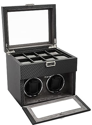 Automatik Uhrenbeweger,Uhrenvitrine Automatische doppelte 2+8 Uhren Winder mit Uhr Winder Box mit Männer Schmuck Organizer Tablett, LED-Licht, verstellbare Uhr Kissen, AC Adapter-Schwarz