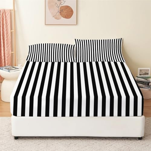 Kinder Jungen Mädchen Spannbettlaken 90x200cm Schwarz-Weiß Gestreiftes Design Bettlaken Set Spannbettlaken Tiefe Tasche 30cm für Boxspringbett, Spannbetttuch mit 2 Kissenbezügen 80x80 cm Raumdekor
