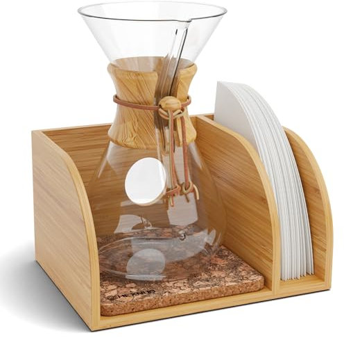 HEXNUB – Caddy for Pour Over Coffee Makers, Bamboo Stand fits Chemex, Bodum, Cosori Carafes, Heatproof Mat, Filter Holder for Coffee Brewing - Cork Mat, CHE001