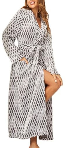 XNASU Frauen Fleece Mit Kapuze Bademantel Warme Hausmantel Lange Spa Robe Japanische Kimono Nachthemden,Plaid,L