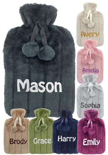 Personalised Hot Water Bottle with Soft Faux Fur Cover + Pom Poms Gift for Cozy Nights Pain Relief for Back Neck and Shoulders Great Gift 2 Liter (Charcoal)