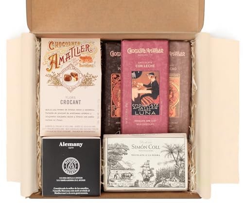Pack Gourmet Chocolat estuche regalo con tres tabletas de chocolate, almendras con chocolate negro, bombones y chocolate a la piedra en caja kraft para regalar